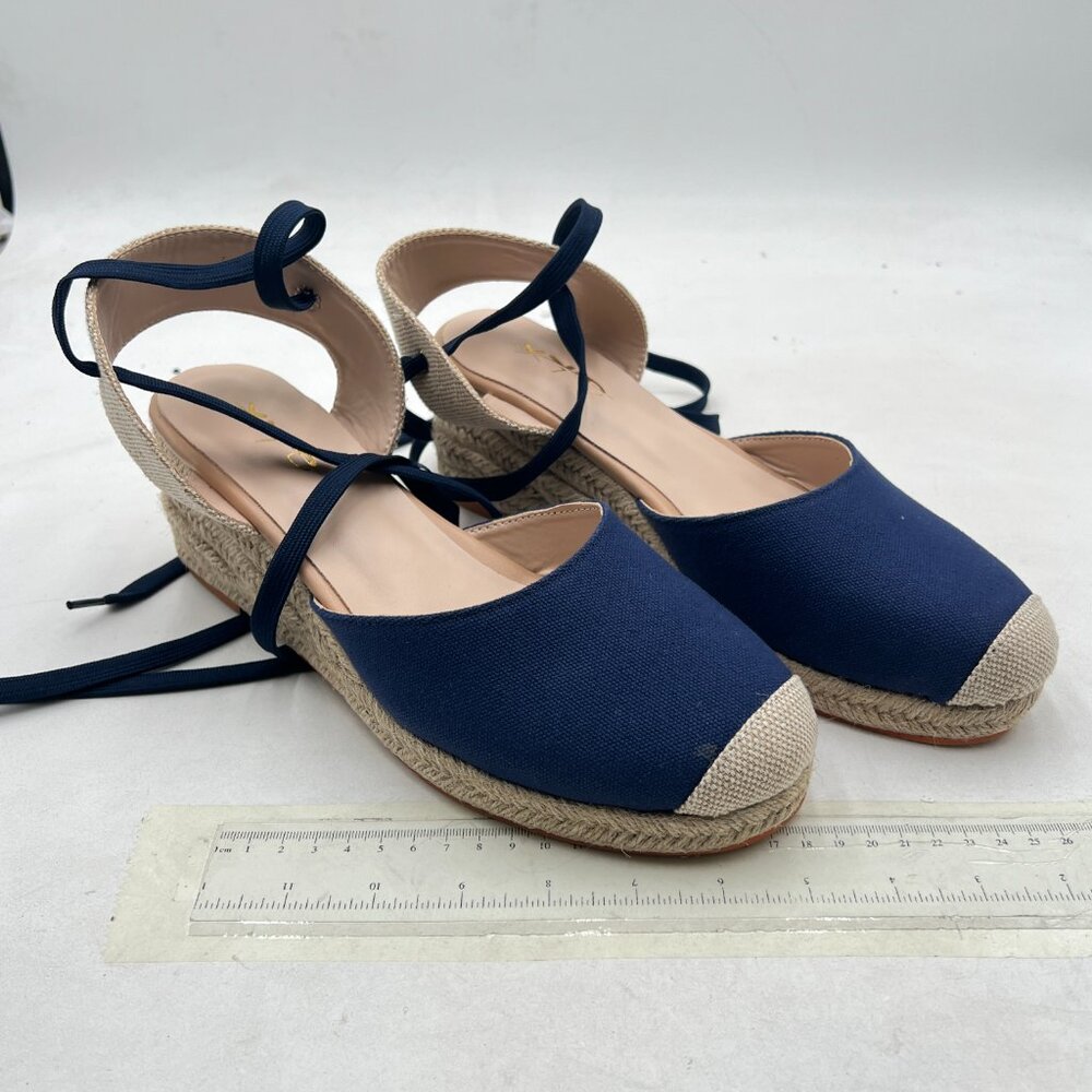 XYD Blue Round Toe Ankle Strappy Espadrilles Wedge Sandals Slingback Shoes - Picture 4 of 8